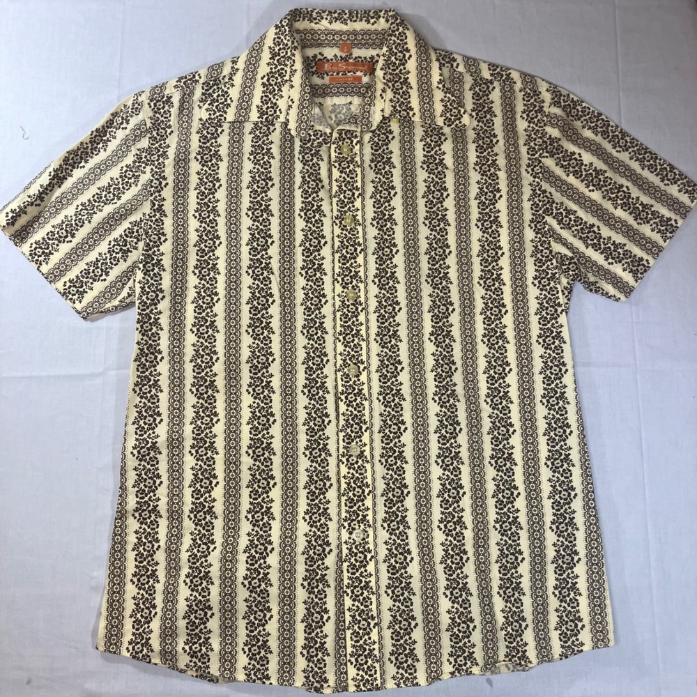 Ben Sherman Vintage Mens Medium Floral Stripe Button Down Shirt Cream Brown